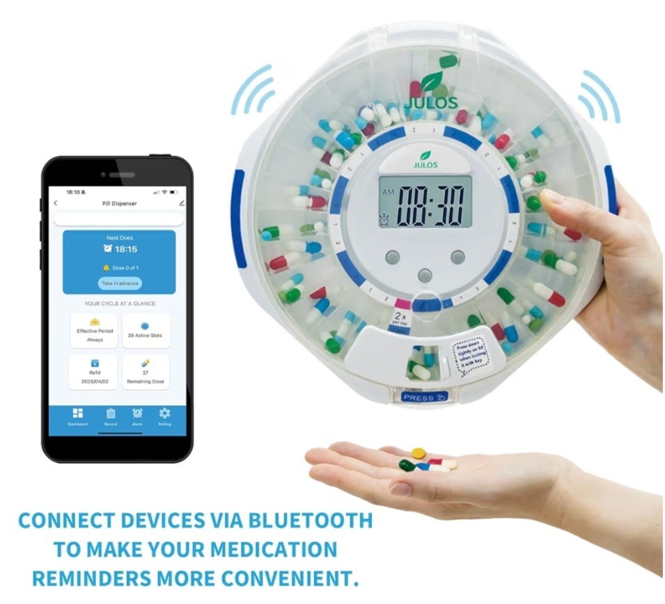 Senyerkare Bluetooth Automatic Pill Dispenser, Lock Compartment, Clear Lid