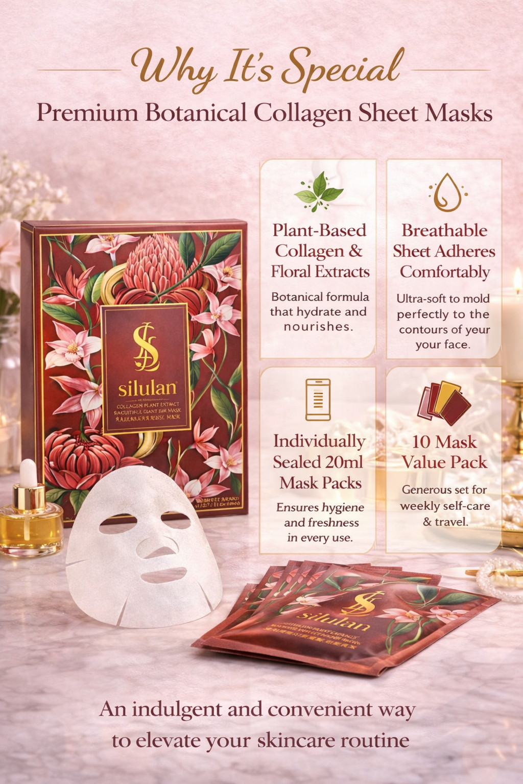 Silulan Collagen Plant Extract Sheet Face Mask 3 Pack Hydrating Facial Masks