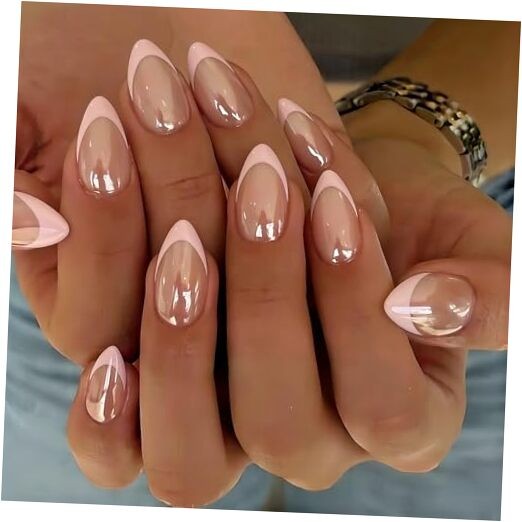 Chrome French Tip Press On Nails Short Almond, 30 Pcs Glazed Baby french pink