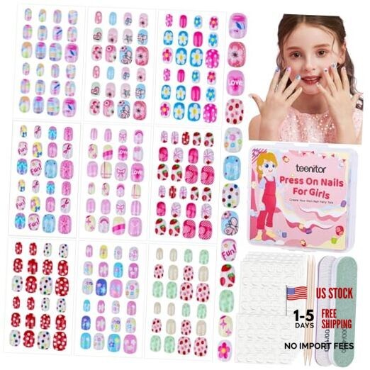 216pcs Press on Nails for Girls, 9 Colors 10 Sizes flower/dot/butterfly/fruit