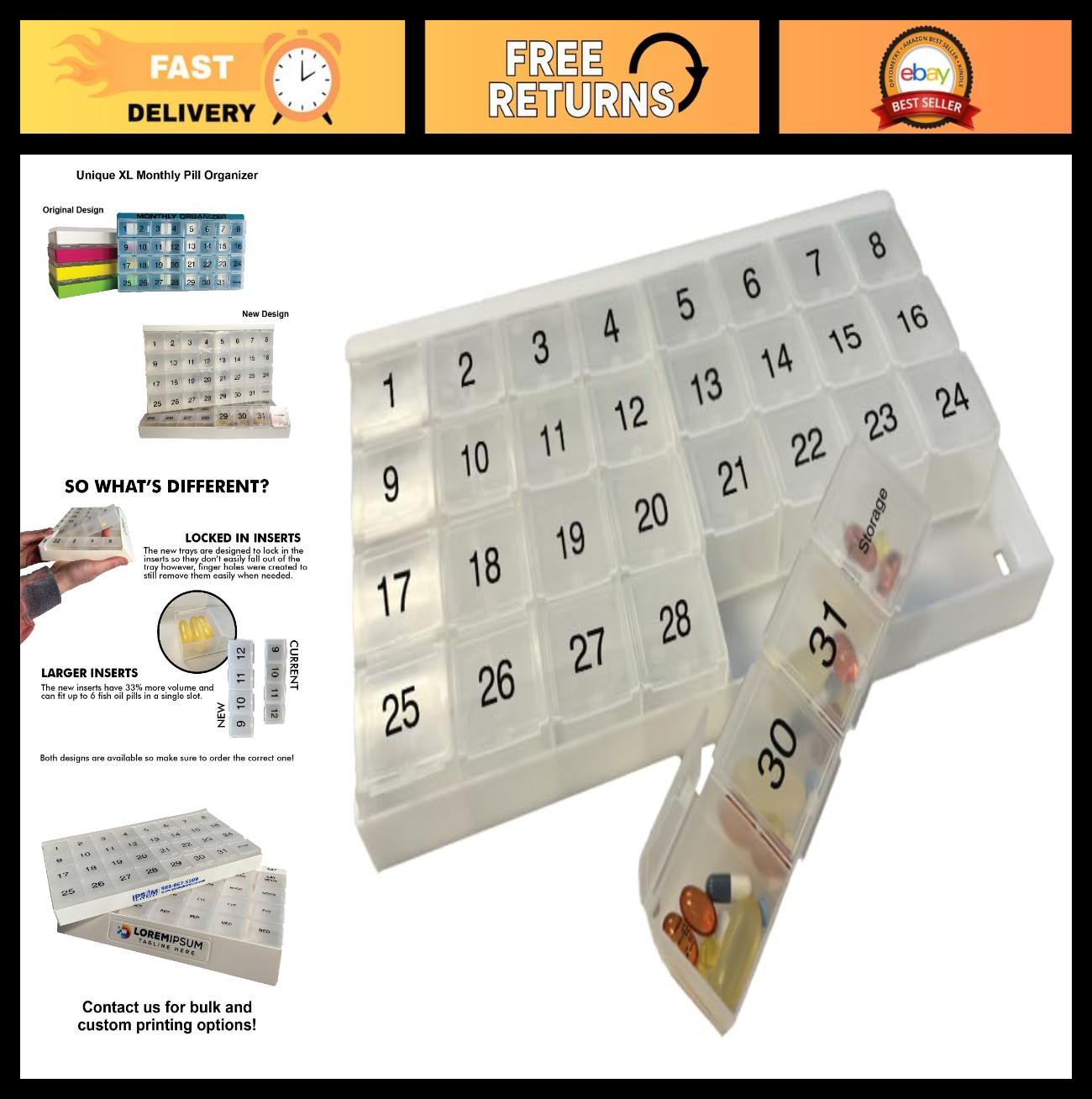 XL Monthly Pill Organizer 31 Compartments, 4 Week Planner, Tray & 8 Removable Se