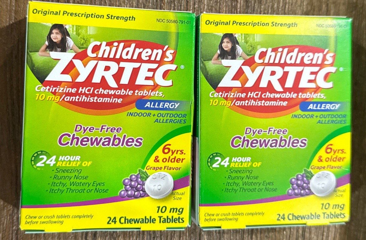 Zyrtec Children’s 10mg Dye-Free Allergy 48 Grape Chewable Tablets Exp 8/2026+