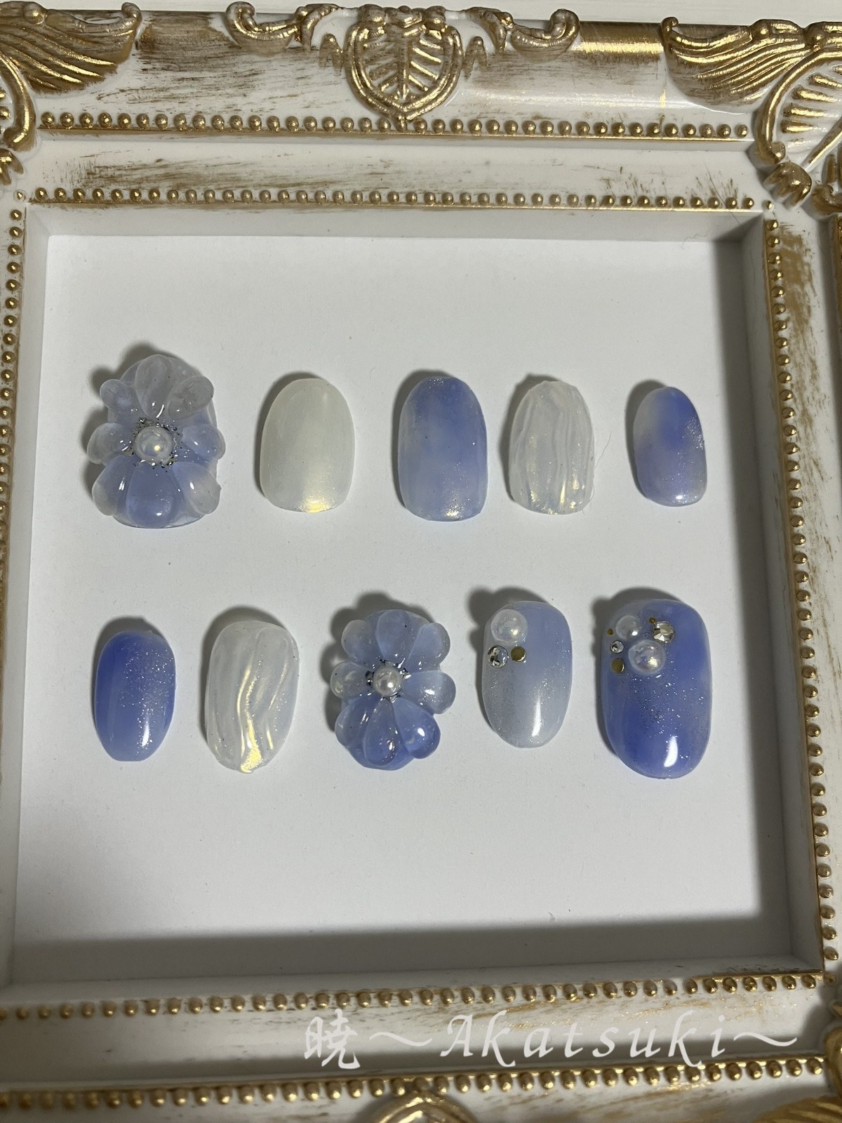 Blue Floral Press On Nails 3D Flower Pearl Summer Handmade Japanese Style M