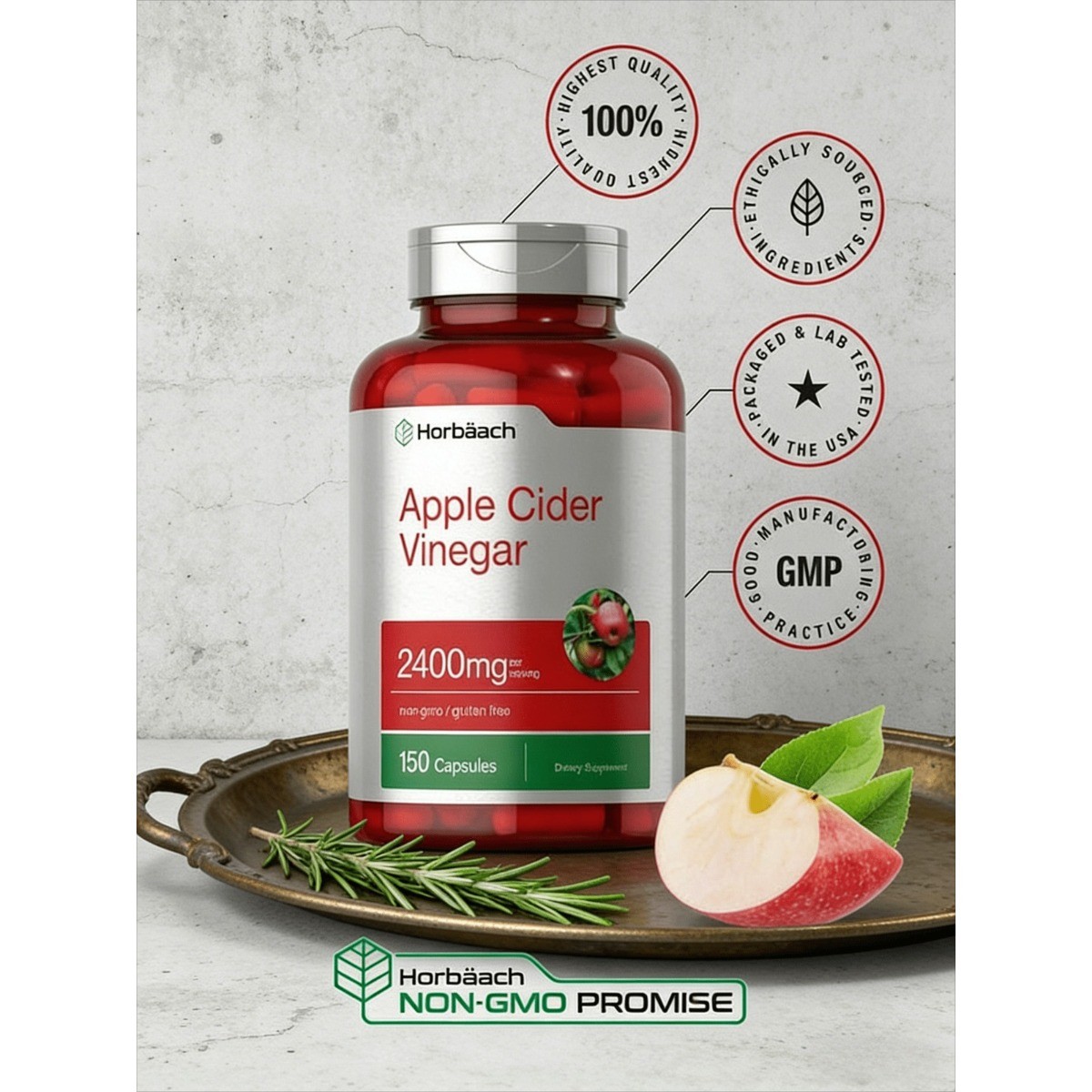 Horbäach Apple Cider Vinegar Capsules 2400mg | 150 Count | Non-GMO -Gluten Free