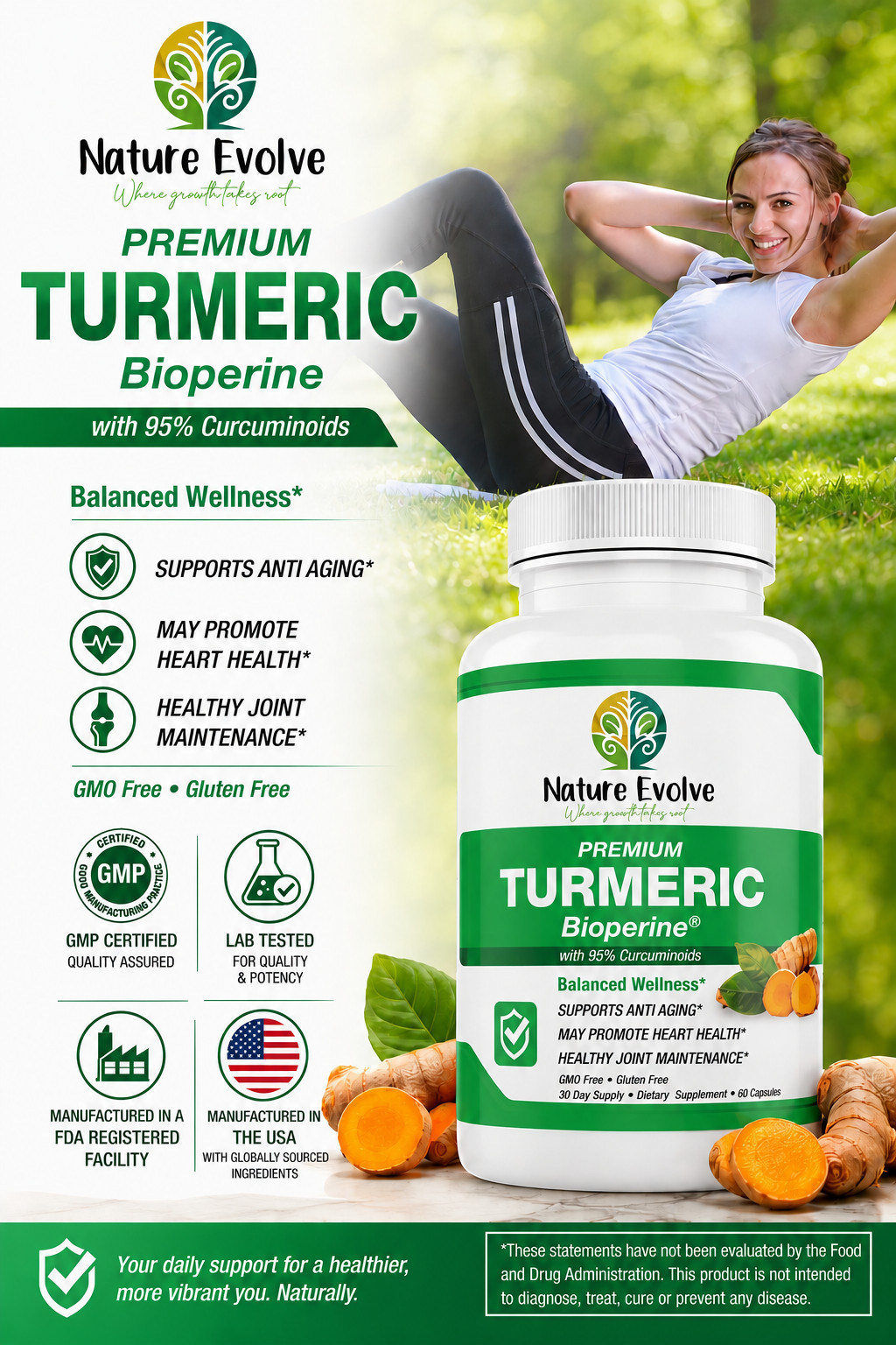 Nature Evolve Premium Turmeric Bioperine® 95% Curcuminoids Joint & Heart 600mg