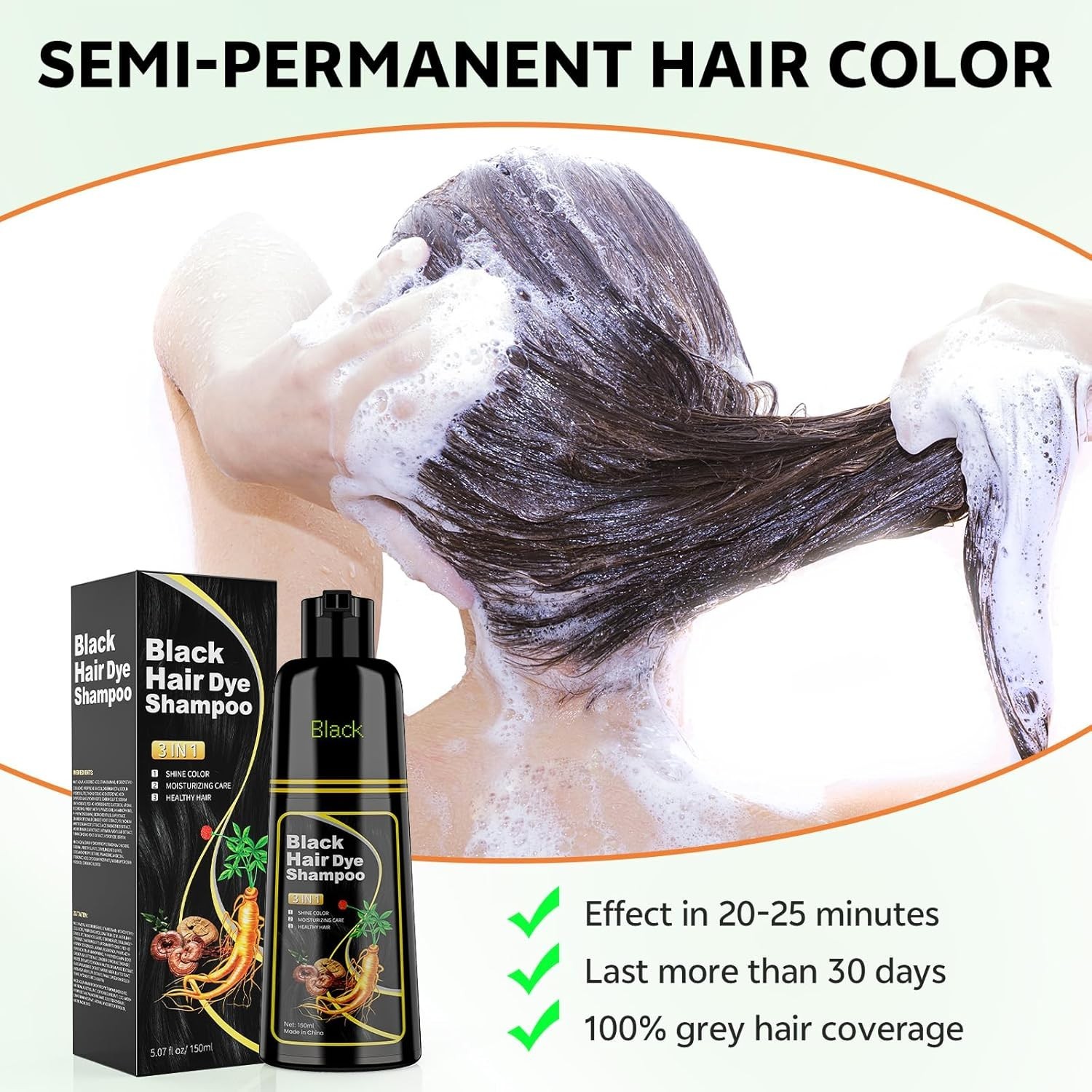 Black Hair Dye Shampoo 3 in 1, 150ML Hair Color Shampoo for Women Men Gray Cover