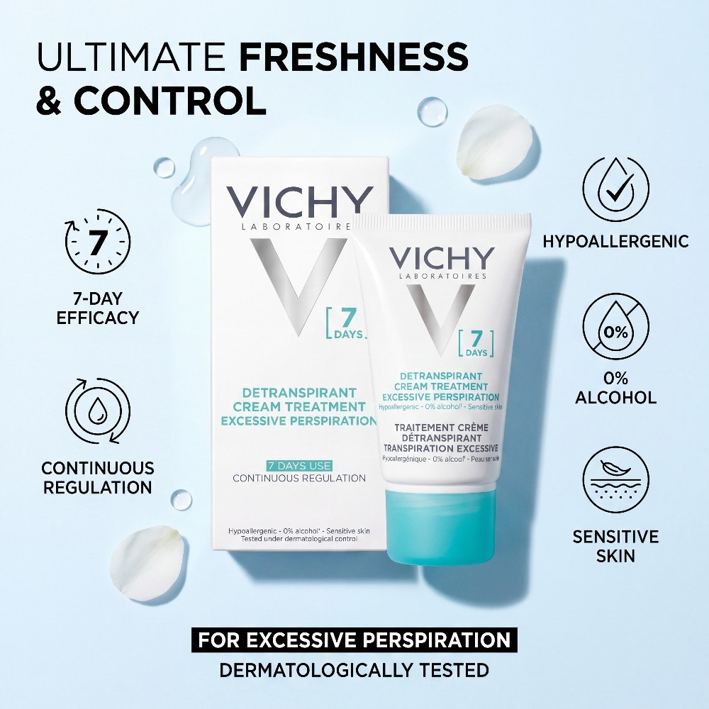 Vichy 7 Days Anti Perspirant Cream 30ml 2 Pack Sensitive Skin 0% Alcohol