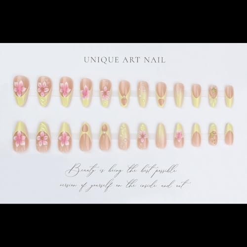 French Tips Press on Nails Medium Almond Fake Nails with 5D Flower Color30