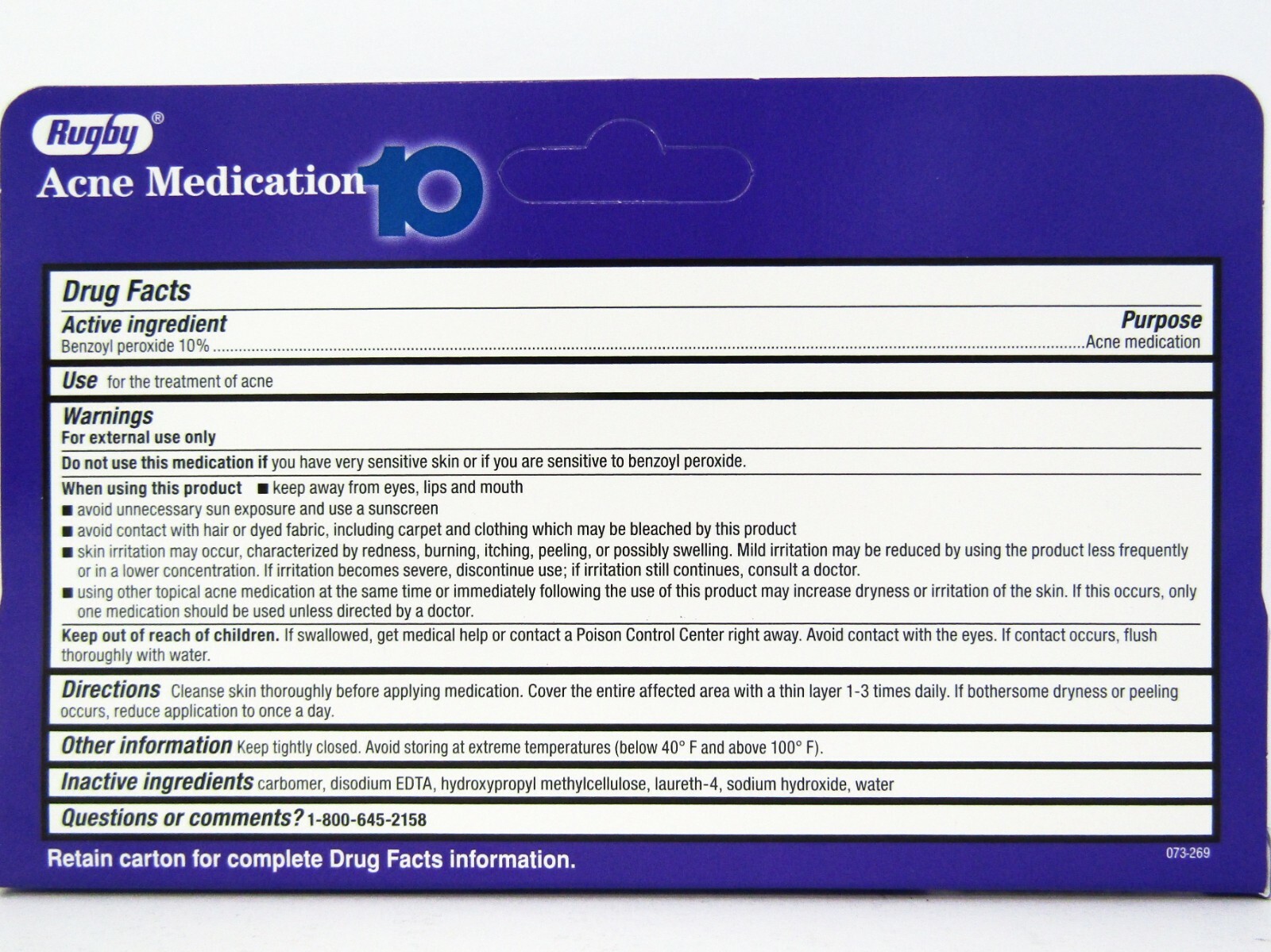 Rugby Acne Gel Benzoyl 10 % Max Strength 1.5oz Tube -Expiration Date 07-2025