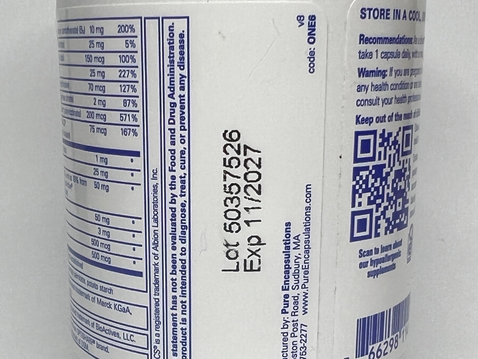 Pure Encapsulations O.N.E. Multivitamin – 60 caps – Exp 11/2027