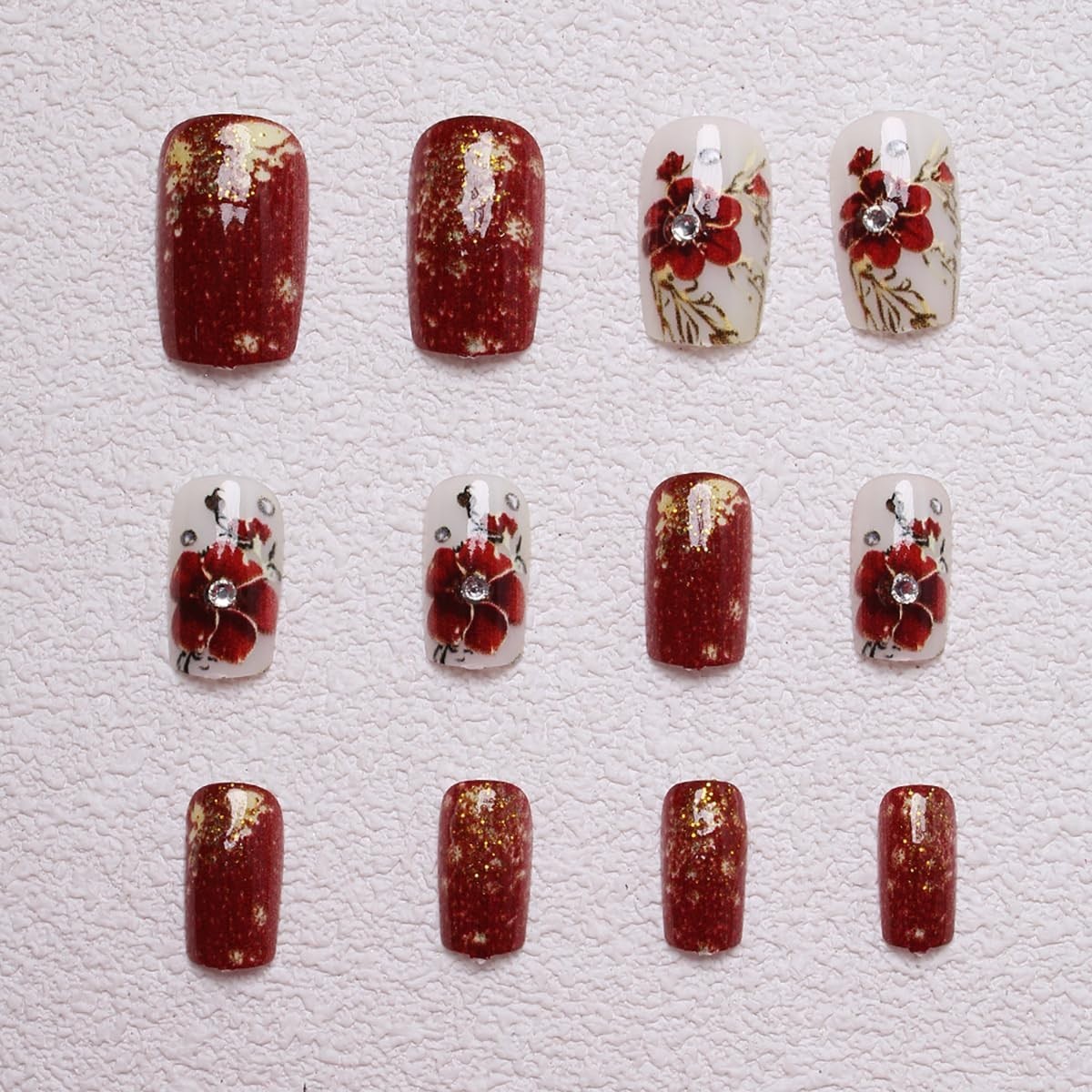Summer Press on Nails Glitter Floral Long Square False Nails Reusable Fake