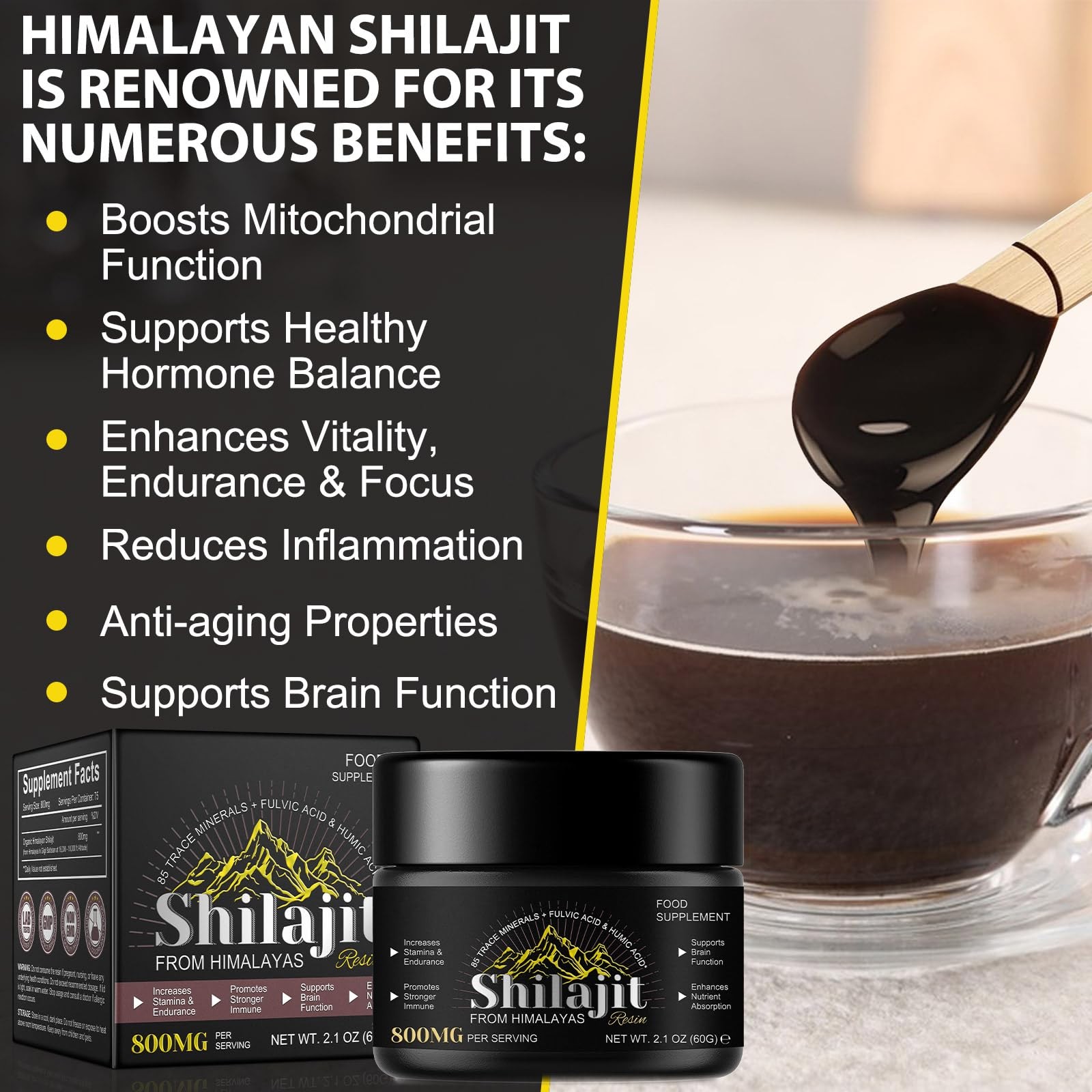 Shilajit Pure Himalayan Organic Resin – 800MG 2.1 Fl Oz (Pack of 1)