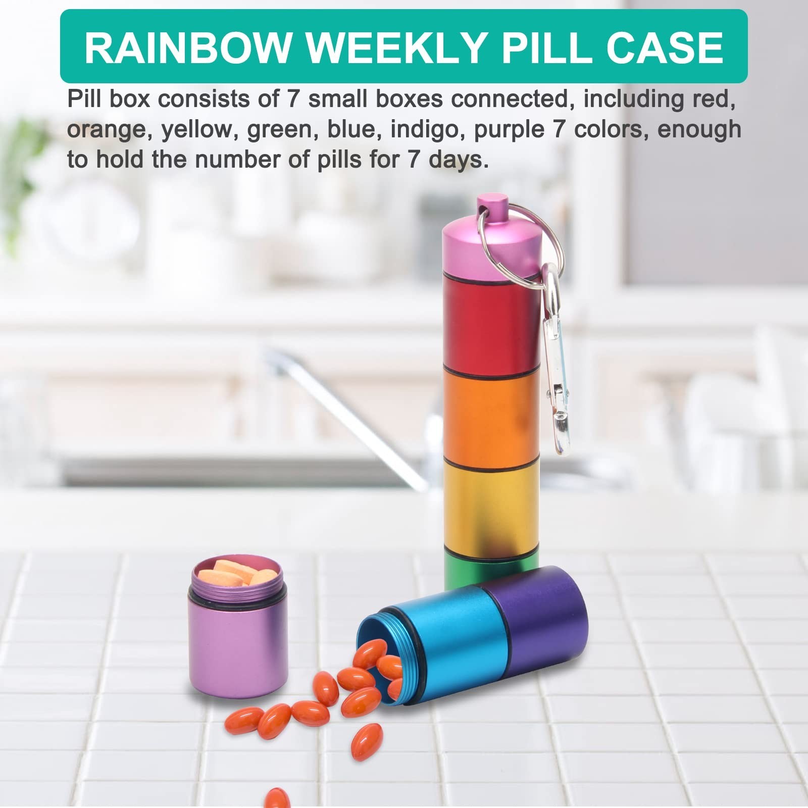 Portable Pill Case Keychain – 2 Pack Waterproof Weekly Organizer for Travel – Ra