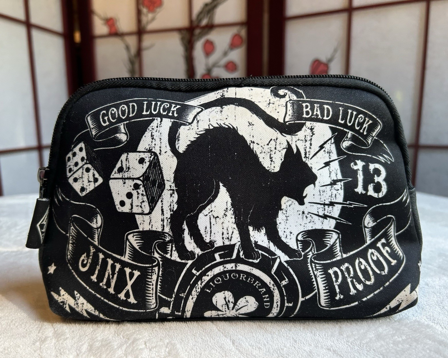 Liquorbrand Black/White Zipper Makeup Bag Pouch «Good Luck Bad Luck» 8×5 in