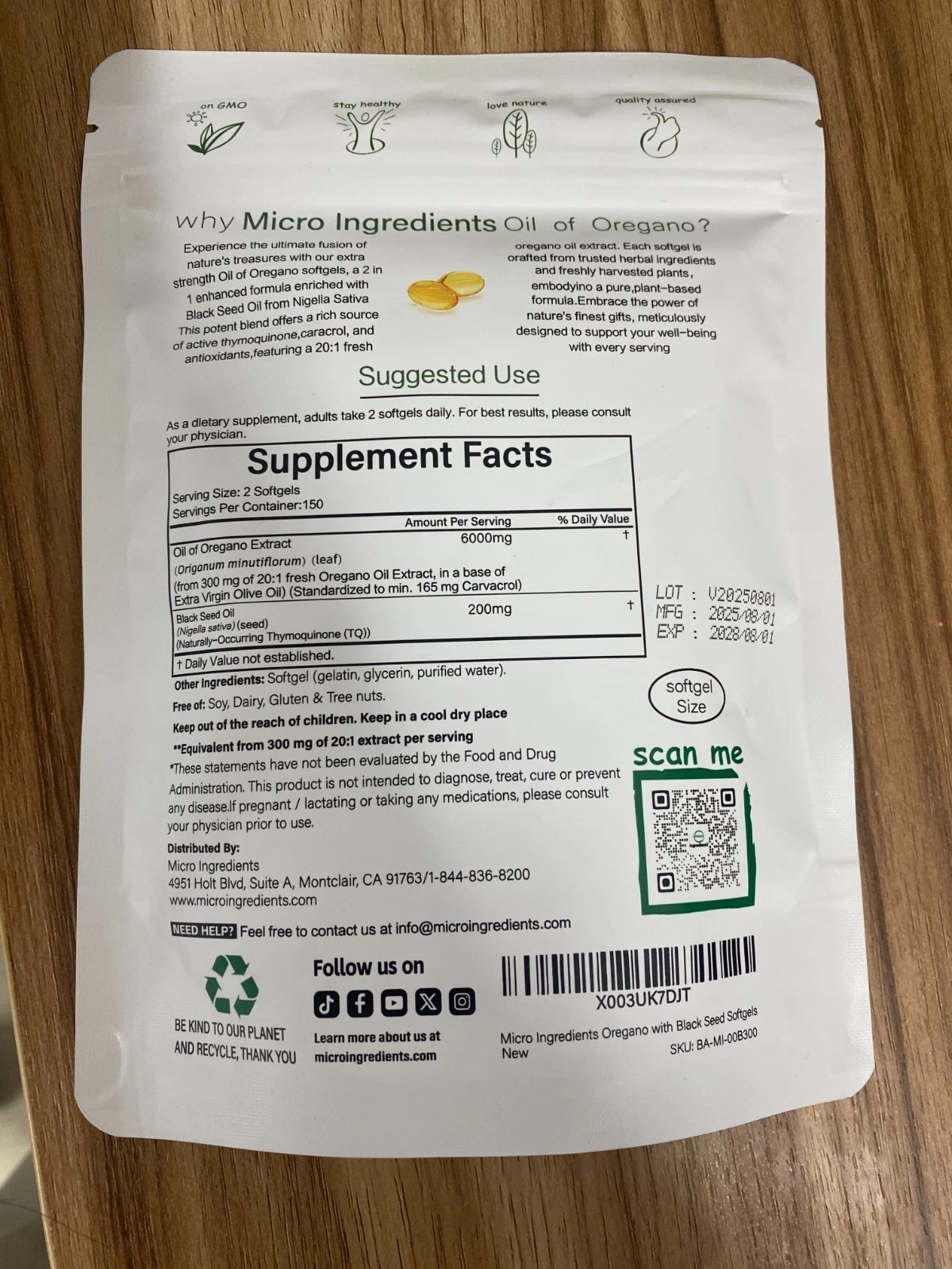 3 Pack Oil of Oregano with Black Seed Oil, 300 Softgels NEW Microingredients.