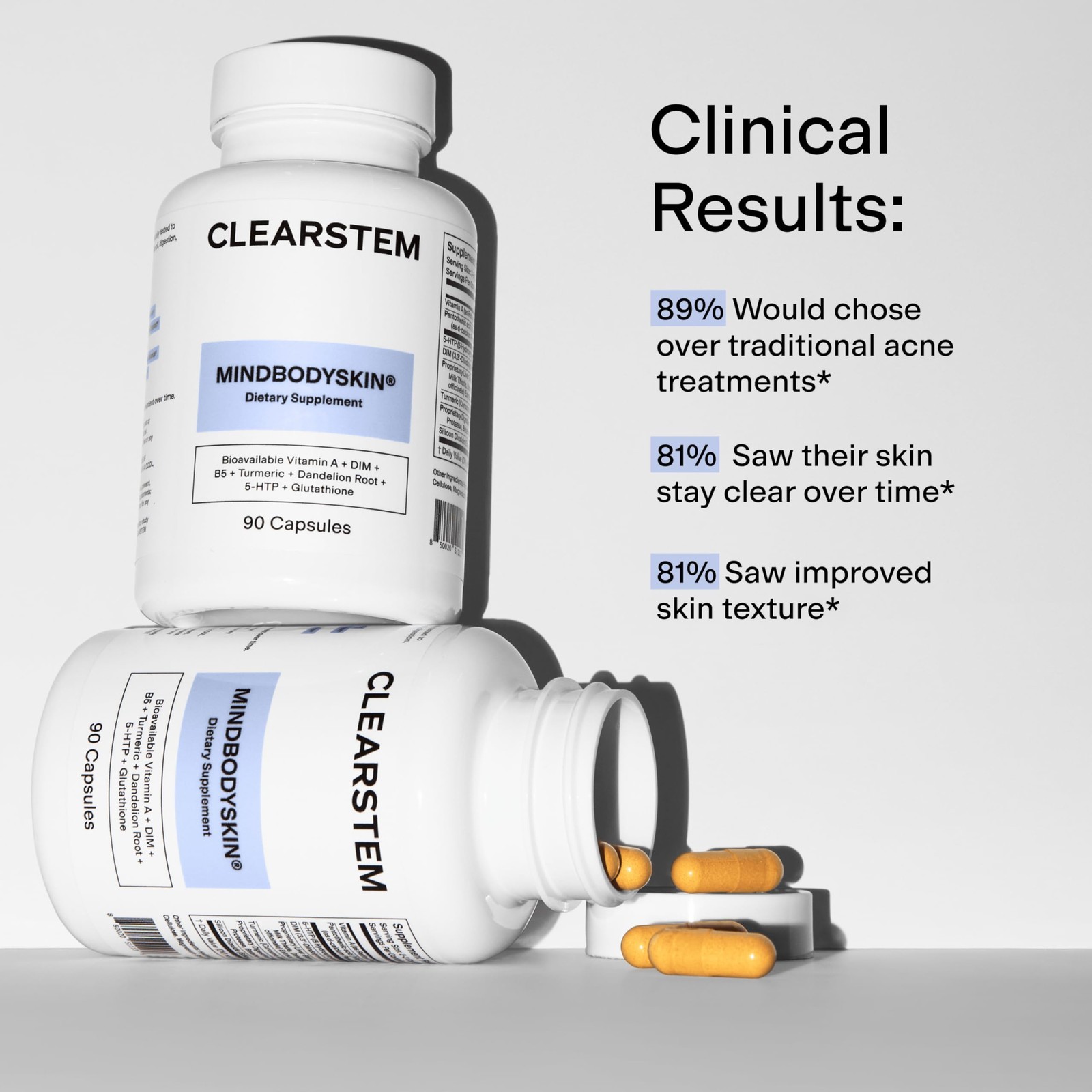 Hormonal Acne Supplement 90 Capsules CLEARSTEM 5-HTP MINDBODYSKIN Natural Care