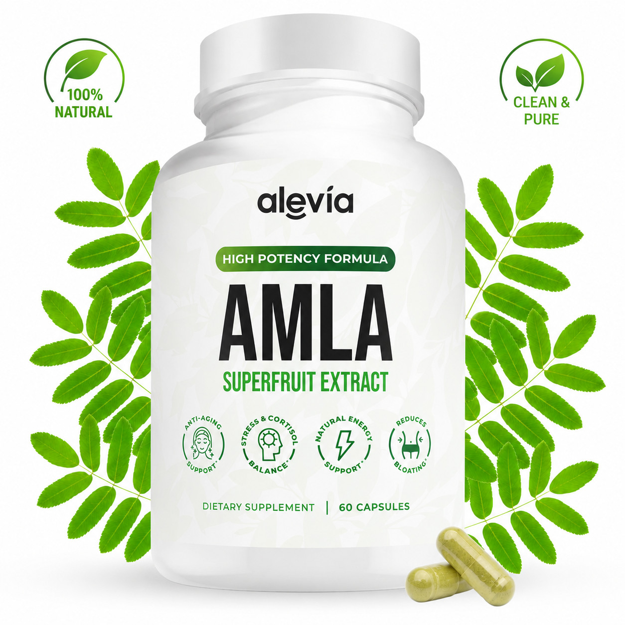 Amla Capsules 1000mg Organic Indian Gooseberry 60 Count Ayurvedic Alevia Fruit
