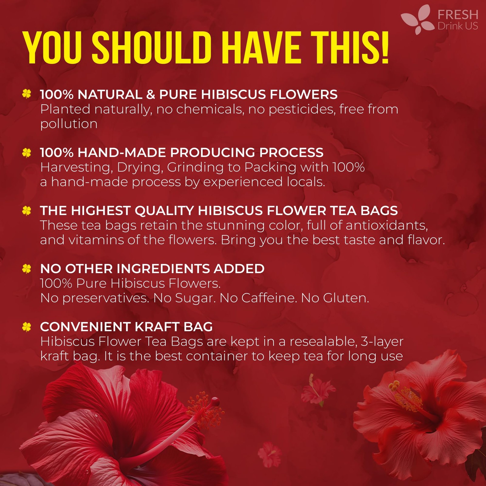 FRESHDRINKUS 140 Hibiscus Flowers Tea Bags, 100% Natural, Pure 140 Bags