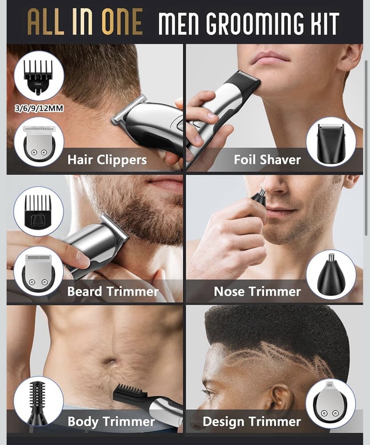 Ufree U-1775 11-in-1 Haircutting Kit Clippers & Trimmer Heads Silver/Black