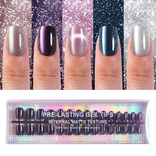 150Pcs Cat Eye Press on Nails Short Square, Plauva Soft Cat Eye-2 Short Square