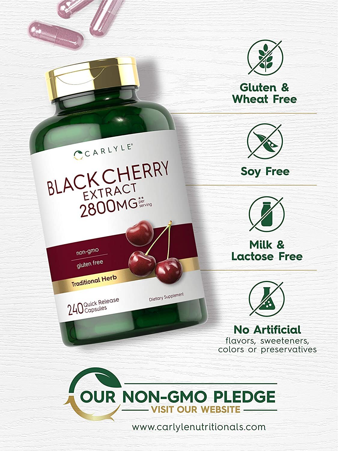 Black Cherry Capsules 2800mg | 240 Count | Non-GMO, Gluten Free | By Carlyle