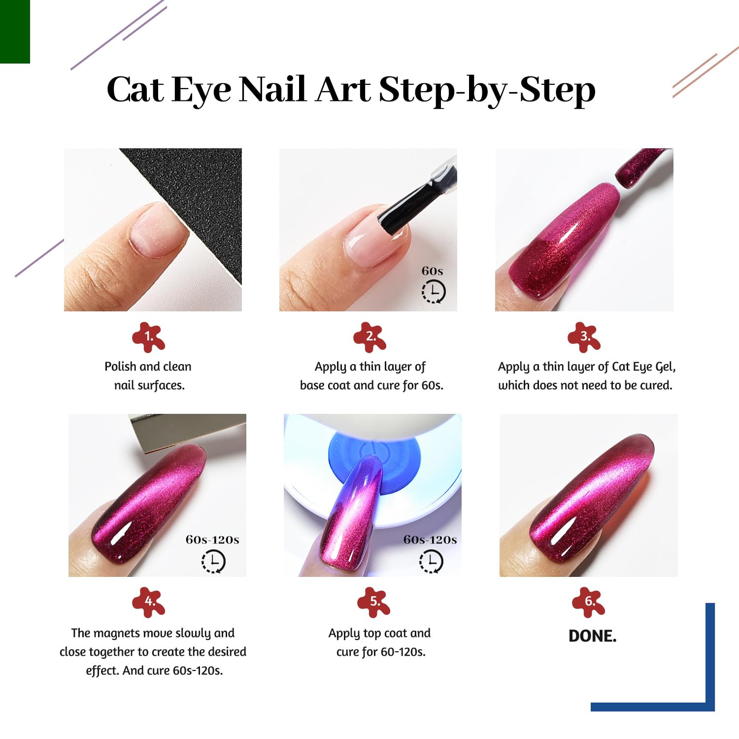 Cat Eye Gel Nail Polish 10 Colors Blue Green Red with Base Coat Top Coat Magnet