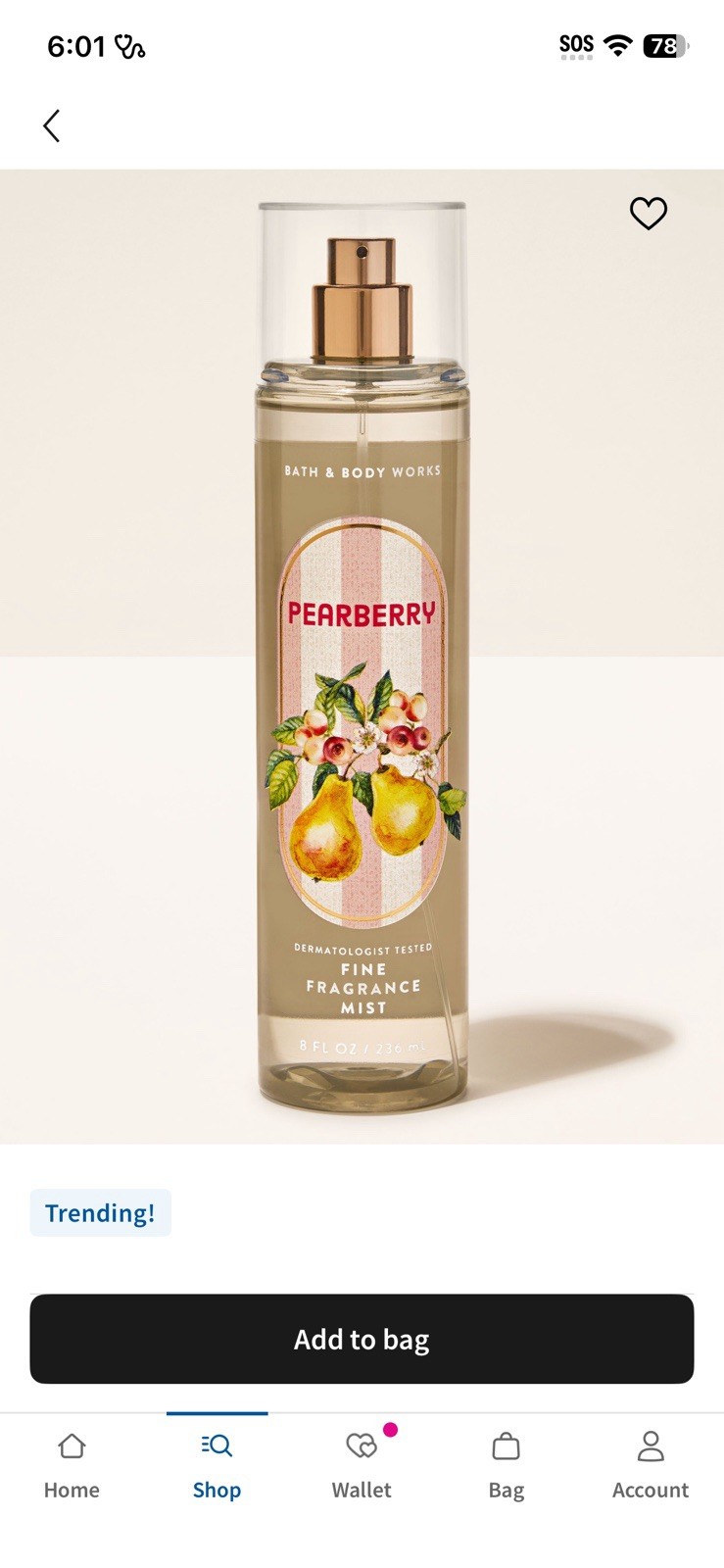 Pearberry Fine Fragrance Mist 8 fl oz Dermatologist Tested