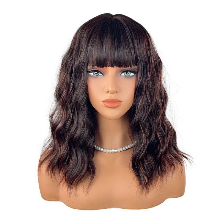 New Fashion Heat Resistant Fiber Bang Curly Short Bob Synthetic Wig Natural