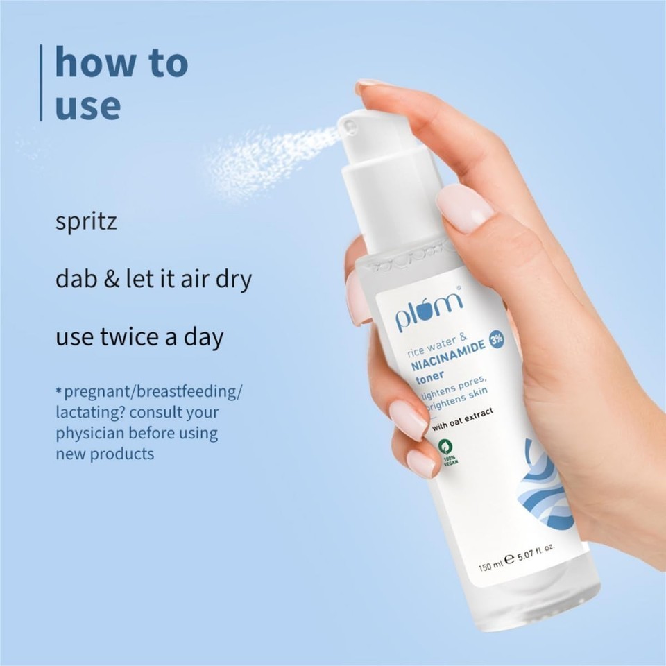 Plum 3% Niacinamide & Rice Water Face Toner Fades Blemishes, Brightens & Smooth
