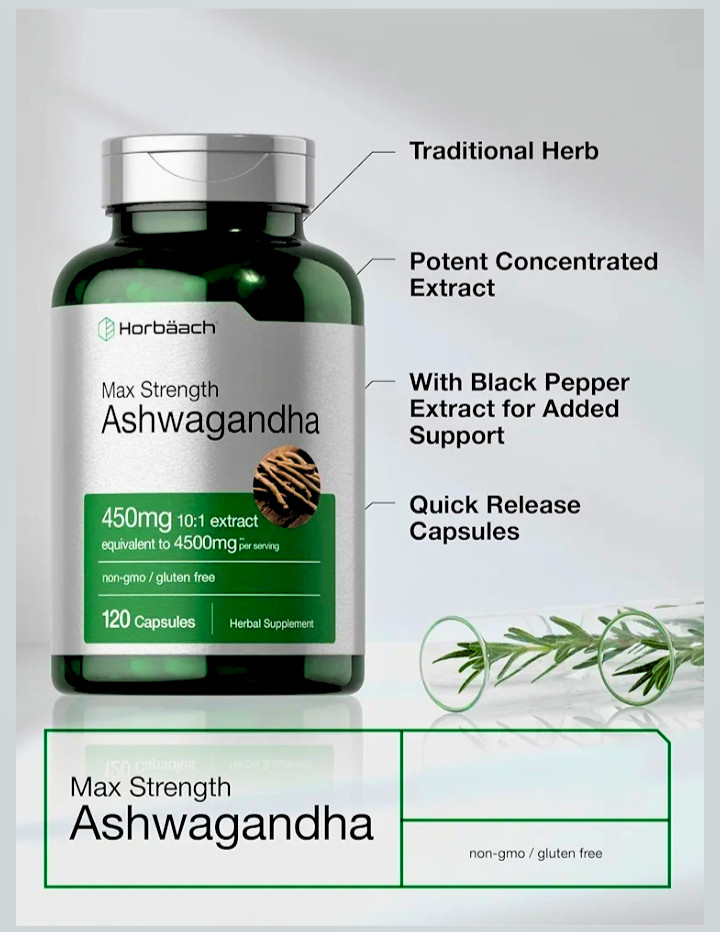 Horbäach Ashwagandha Supplement | Max Strength | 120 Capsules | Non-GMO, Gluten