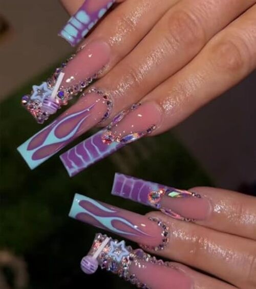 Press on Nails Extra Long – Square Press On Nails with 3D 19-Purple Lollipops
