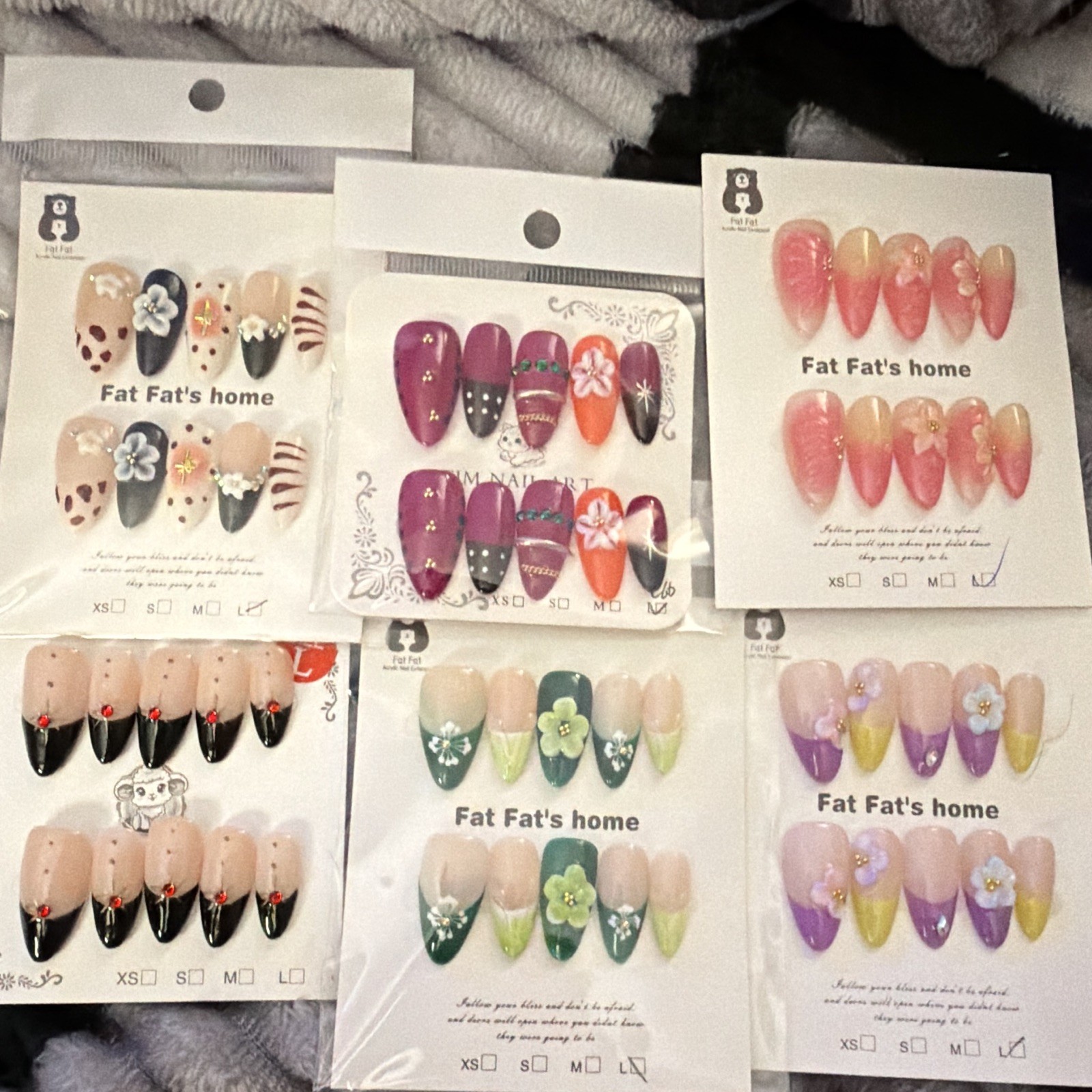 Fat Fat’s home Press-On Nails Long Almond 3D Floral Multicolor Full Cover
