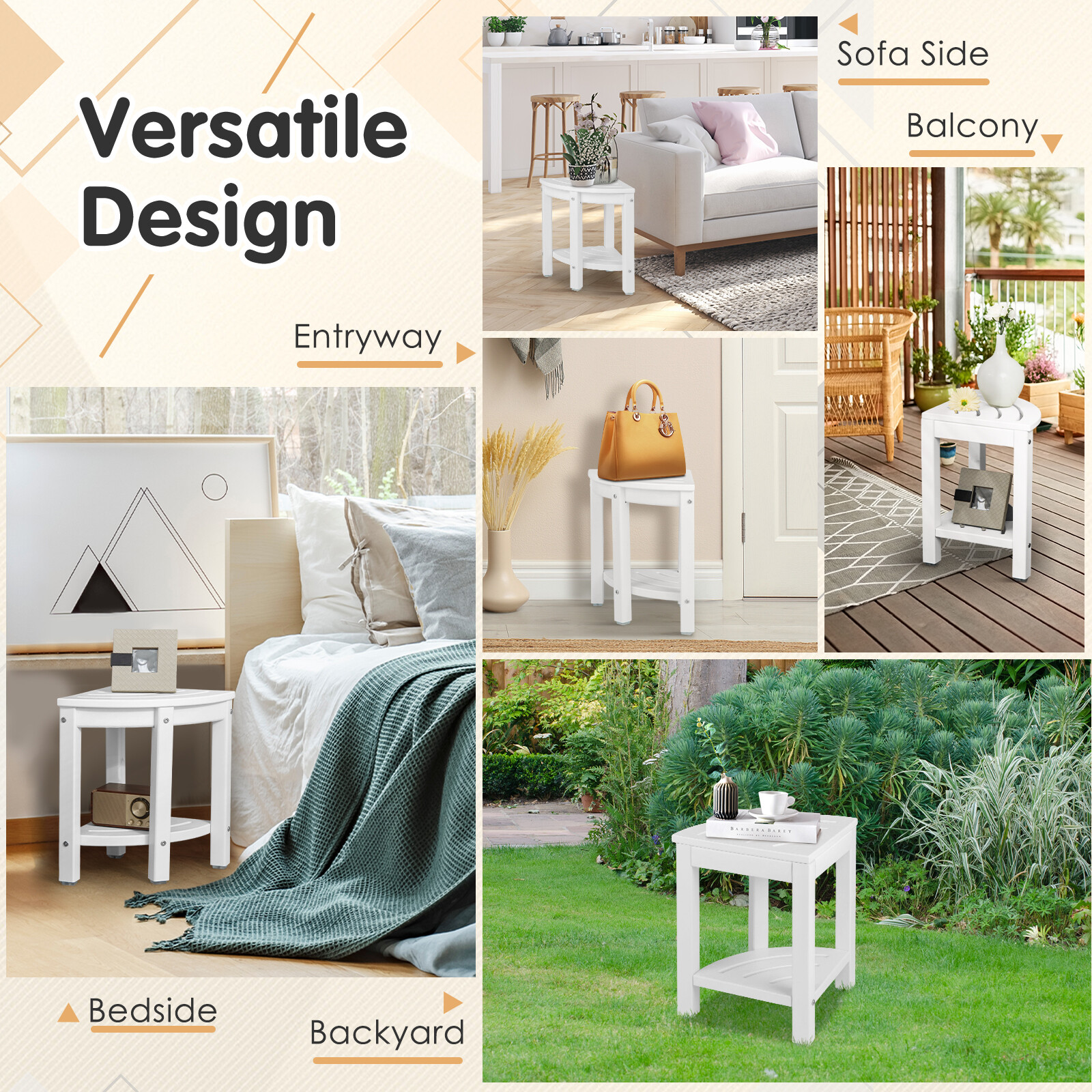 2-Tier Waterproof Shower Stool Corner Shower for Indoor Outdoor Use White