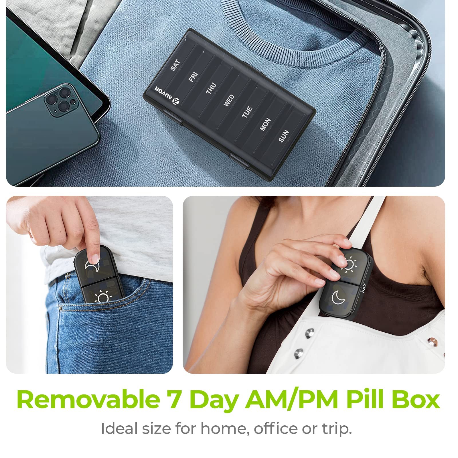 AUVON XL Weekly Pill Organizer 2 Times a Day, 1 Count (Pack of 1), Black