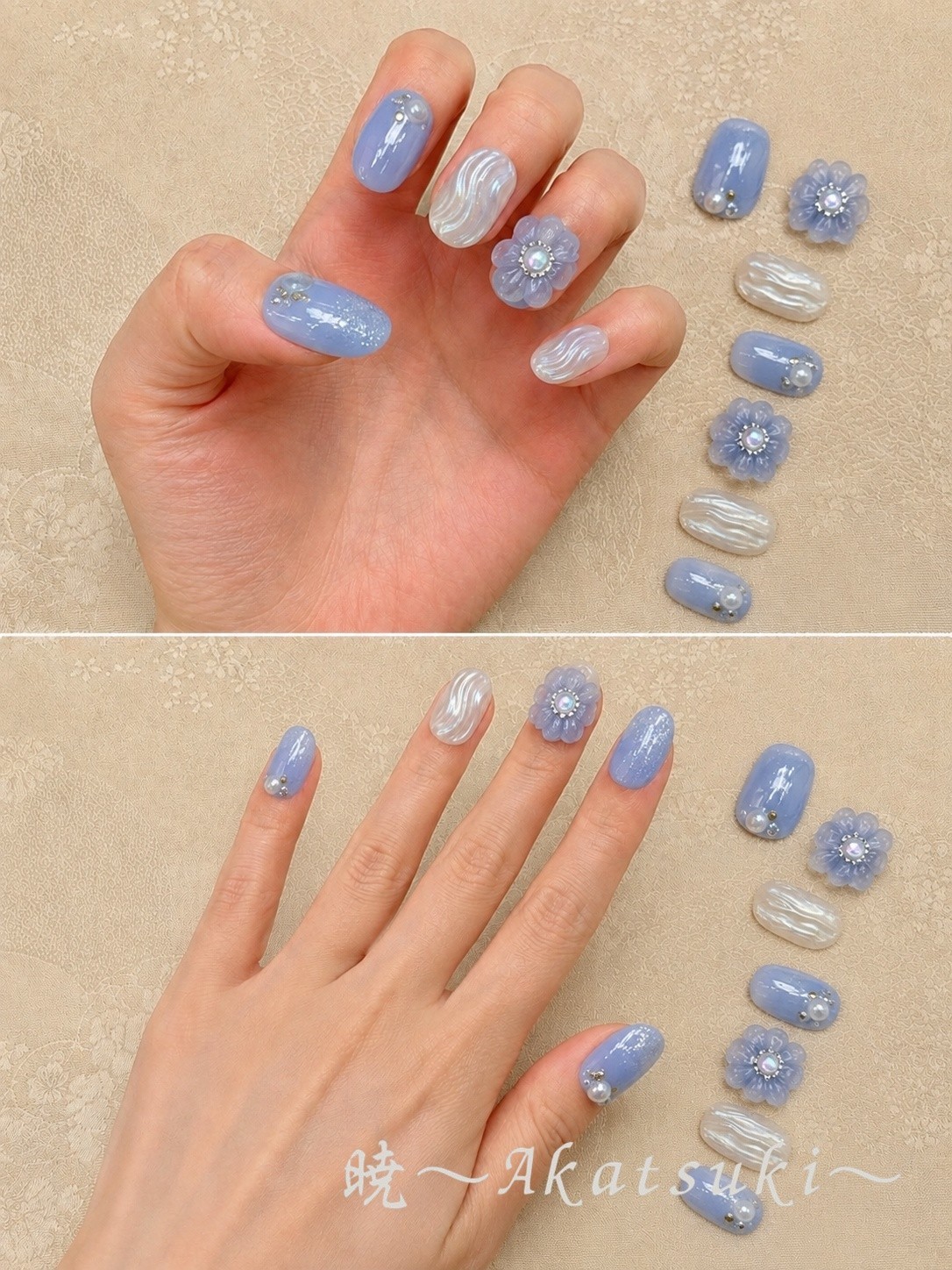 Blue Floral Press On Nails 3D Flower Pearl Summer Handmade Japanese Style M