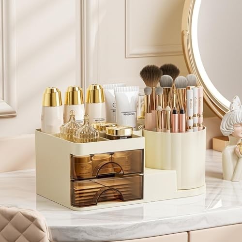 Makeup Organizer for Vanity with 2 Drawers,Countertop Rotating Makeup Cream