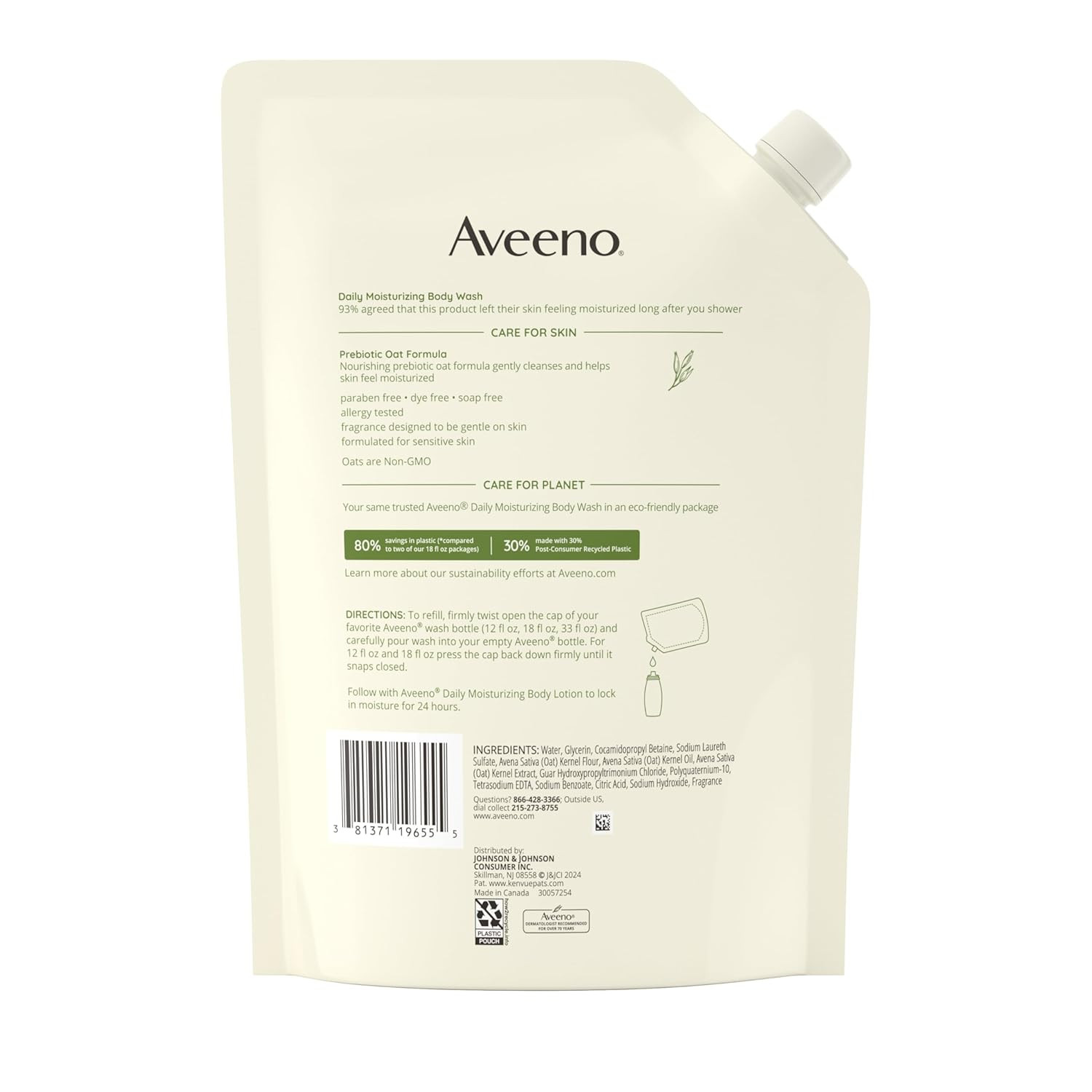 Aveeno Daily Moisturizing Body Wash for Sensitive Skin + Prebiotic Oat, Gently C
