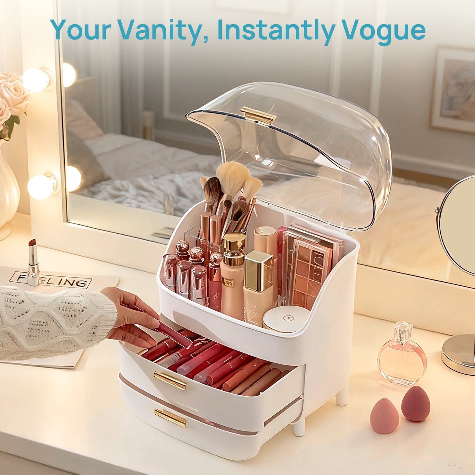 3-Tier Makeup Organizer with Drawers and Lid, Waterproof & Dustproof Skincare Or