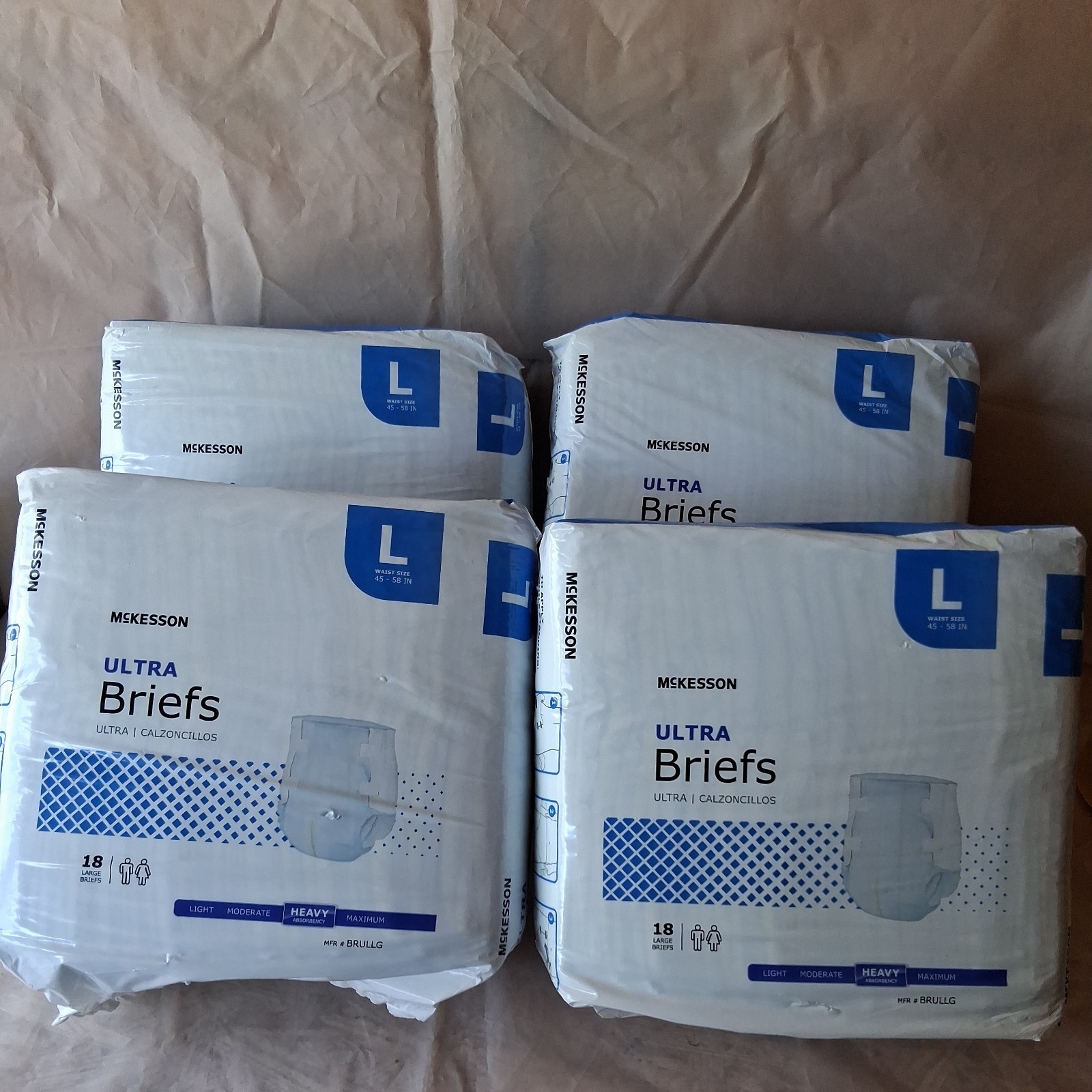Lot of 4 New 18 count Mckesson Ultra Briefs Large Unisex waist 45-58 inches