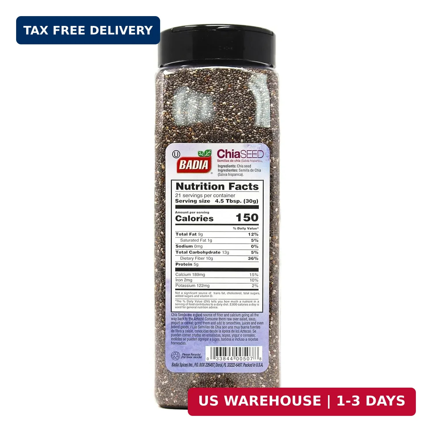 Badia Chia Seed, 22 oz – High Fiber, Omega-3, Protein, Energy Boost – Smoothies,