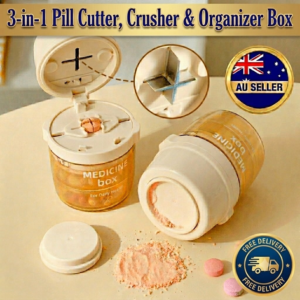 3-in-1 Pill Splitter Crusher Organizer Case with Water Cup 2 Pack Beige