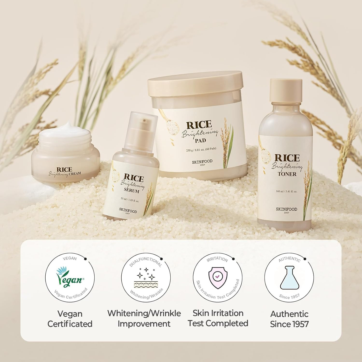 SKINFOOD Rice Starter Kit, Rice Toner, Rice Serum, Rice Moisturizer, and Rice Fa