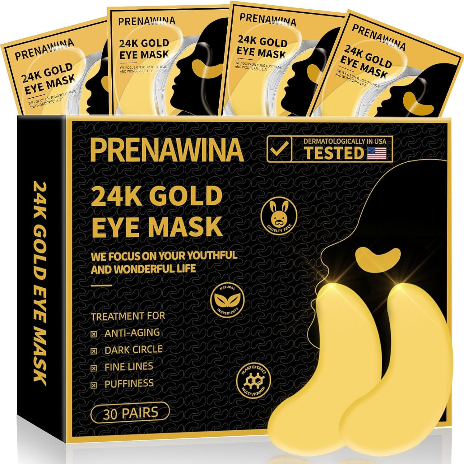 Under Eye Patches for Puffy Eyes Treatment 30 Pairs, 24K Gold under Eye Masks fo