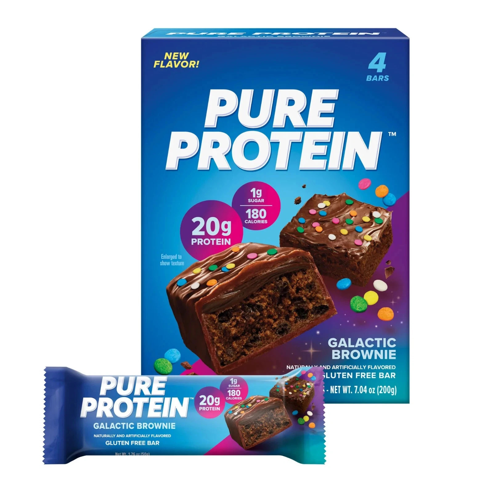 Pure Protein Bars, Galactic Brownie, 20g Protein, Gluten Free, 1.76 oz, 4 Ct..