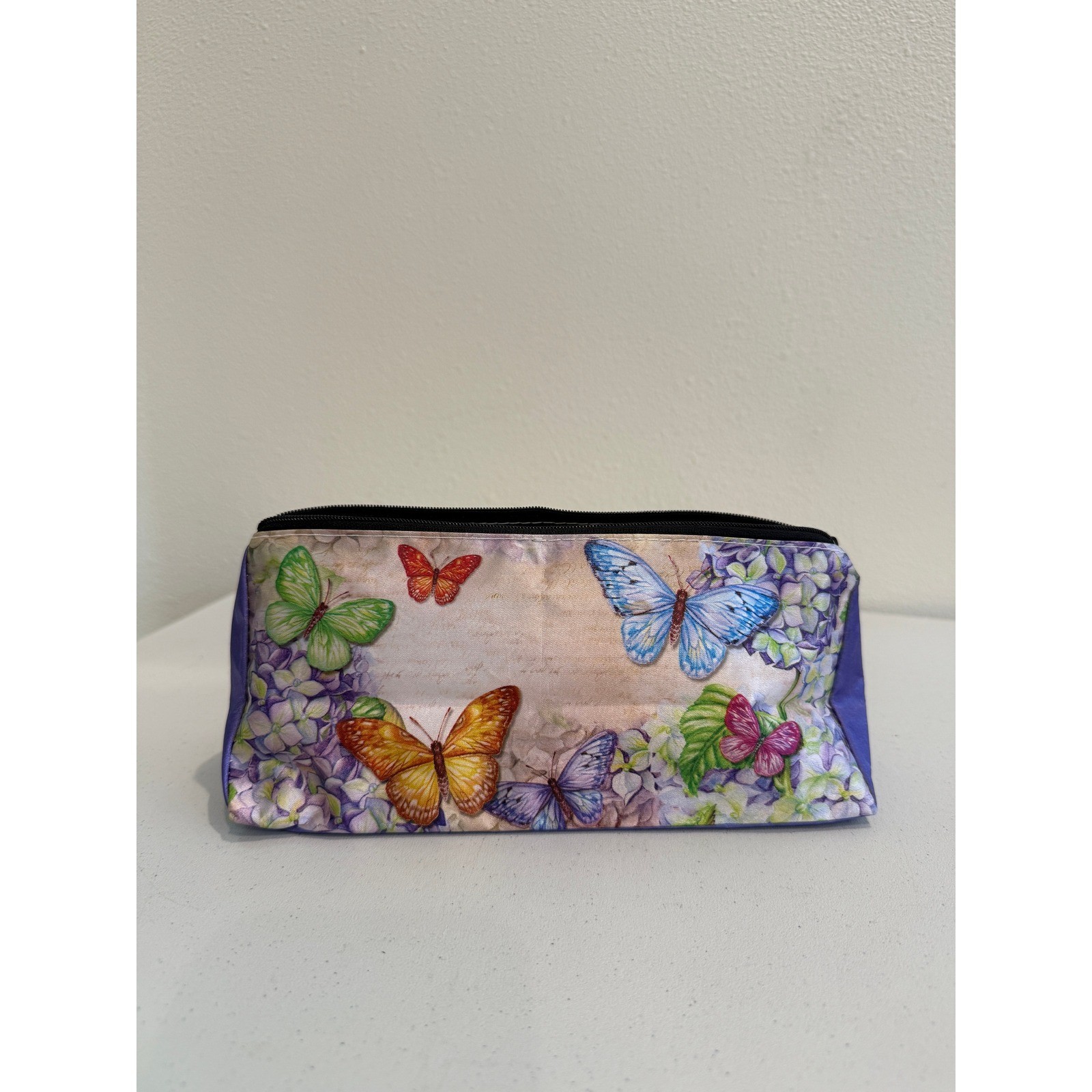 Butterfly Floral Cosmetic Bag Purple Hydrangea Makeup Pouch Zippered Travel Case