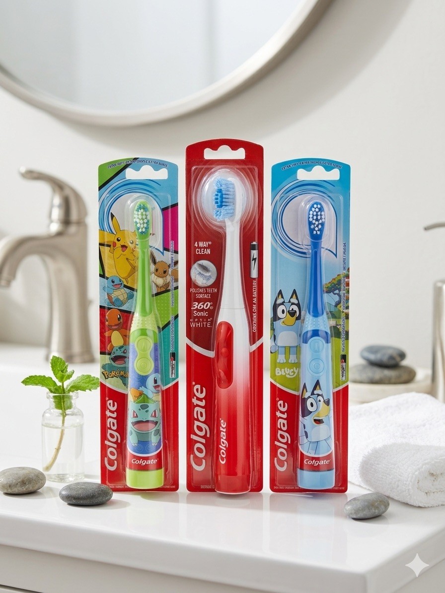 Colgate Battery Powered Toothbrush (3) Adult Optic White, Kids Pokémon & Bluey