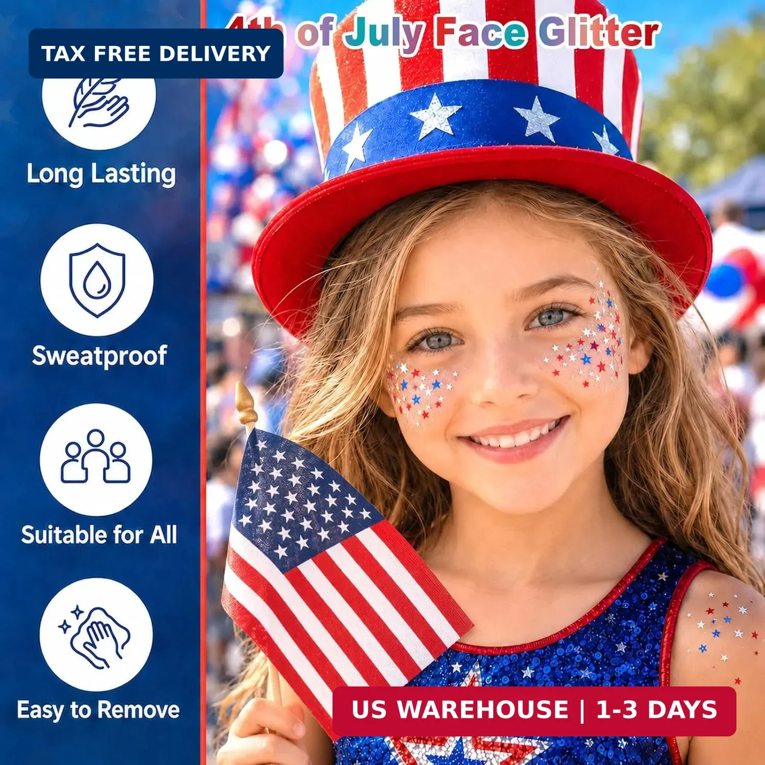 Red White and Blue Glitter Stick, 4th of July Accessories, Star Sequins Face Hai