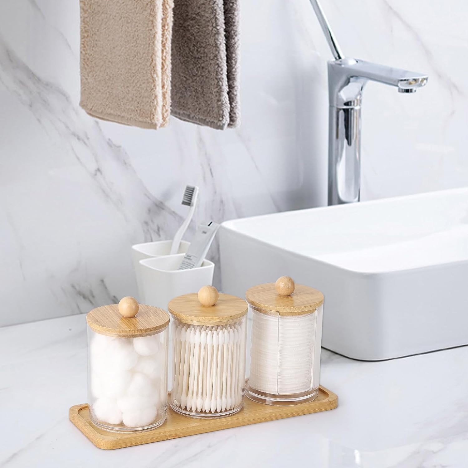 Space-Saving 10 oz Bathroom Containers with Dust-Proof Bamboo Lids – 3 Pack