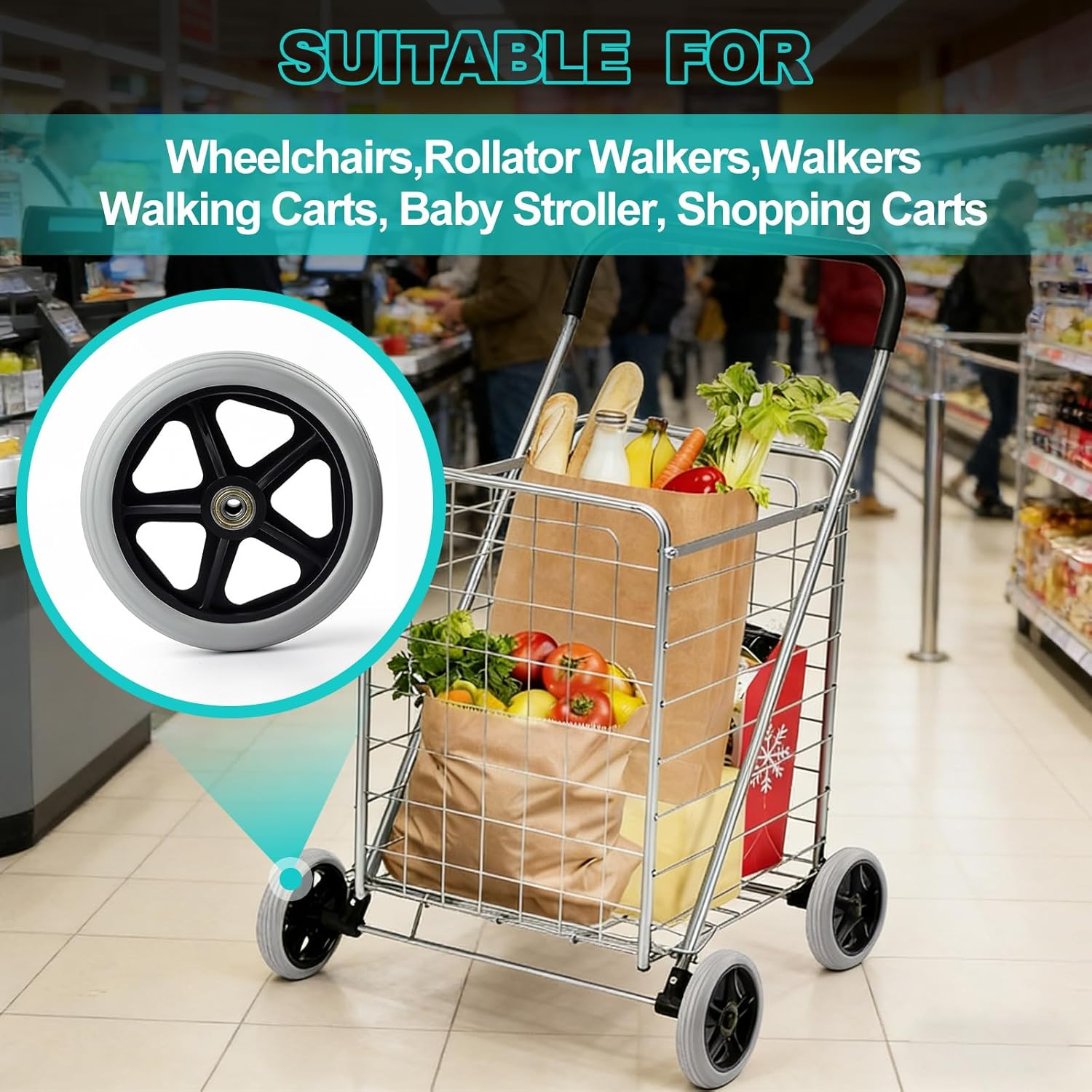2Pcs 6 Inch Solid Wheelchair Replacement Wheels Rubber Material for Walkers, Rol