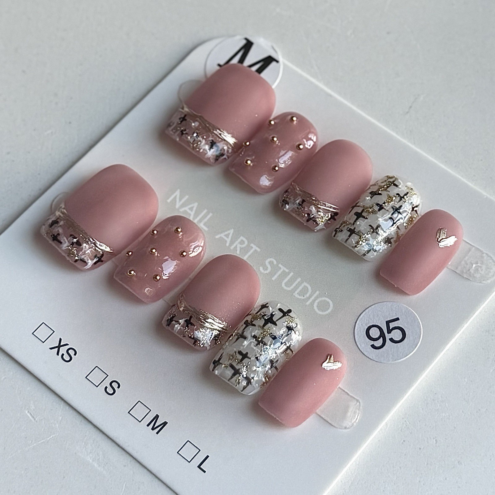 Handmade Pink Press-On Nails Short Square Size M Reusable Fake Nail